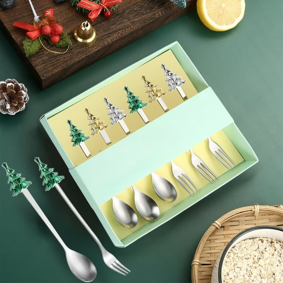 Hxlamzoo Christmas Tree Stainless Steel Spoon Fork Gift Set with Travel Case, Reusable Stainless Steel Cutlery Set for Holiday Dining, Christmas Decorations, Tableware Accessories (7.28x7.28x0.98in)