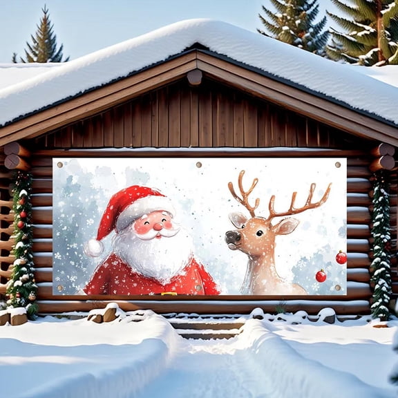 Hxlamzoo Christmas Yard Banner Backdrop 157.48x70.87 inch Polyester Hanging Fabric with HD Santa Snowman Reindeer Print for Garage Door Party Decor