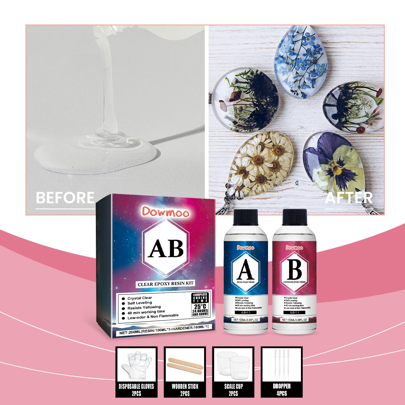 Hxlamzoo Clear Epoxy Resin Kit, A Resin Epoxy Resin 100ML & B Hardener Epoxy Resin 100ML