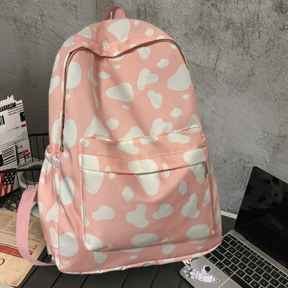 Hxlamzoo Cute Cow Print Backpack for Teens - Stylish Nylon School Bag with Large Capacity, Adjustable Straps & Front Pocket, Perfect for Middle High School Students (Pink)
