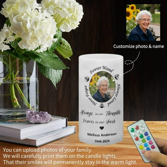 Hxlamzoo Custom Photo LED Memorial Candle Light with Personalized Printing, Flickering Flame Effect, and Elegant Design for Home Memorial Display, Living Room Mantel, Bedroom Nightstand Decor