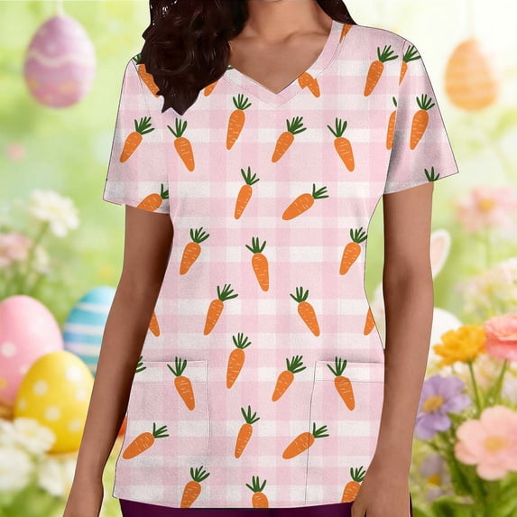 Hxlamzoo Easter Scrub Tops Women Bunny Egg Hunt Print Medical Scrubs Top Stretchy Plus Size V Neck Short Sleeve Nurse Uniforms