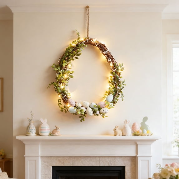 Hxlamzoo Easter Wreath with LED Lights and Artificial Flowers, Multicolor Plastic Spring Door Decor with Colorful Eggs for Indoor Outdoor Home Decoration