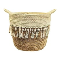 Hxlamzoo Eco-Friendly Woven Rattan Plant Pot with Tassels, Decorative Double Handle Basket for Home Storage & Flower Arrangement