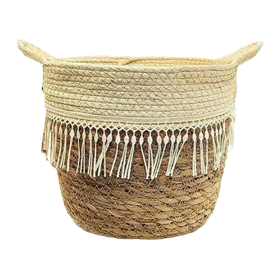 Hxlamzoo Eco-Friendly Woven Rattan Plant Pot with Tassels, Decorative Double Handle Basket for Home Storage & Flower Arrangement