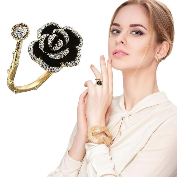 Hxlamzoo Elegant Black Camellia Flower Ring for Women, Floral Statement Ring, Open Wrap Finger Ring, Mother's Day Gifts