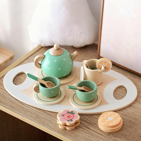 Hxlamzoo Elegant Pastels Wooden Tea Set with Tray - Pretend Play Afternoon Tea Collection for Family Social Interaction & Creative Role-Playing Activities