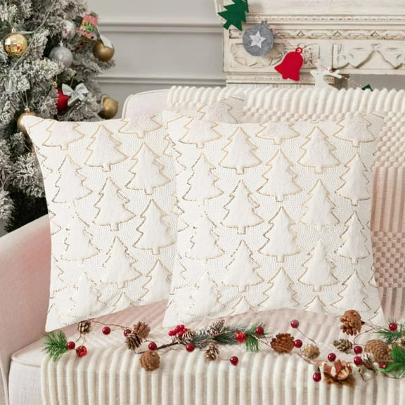 Hxlamzoo Festive Christmas Tree & Snowflake Pillow Cover - 17x17 Inch Cozy Polyester Decorative Pillowcase for Sofa, Winter Holiday Decor (Dark Blue/Beige/Red)