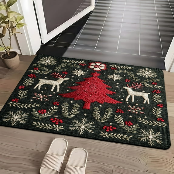 Hxlamzoo Festive Merry Christmas Doormat - Red Xmas Tree All-Weather Floor Mat for Outdoor Entryway, Durable Holiday Rug for Kitchen, Bedroom & Bathroom Decor