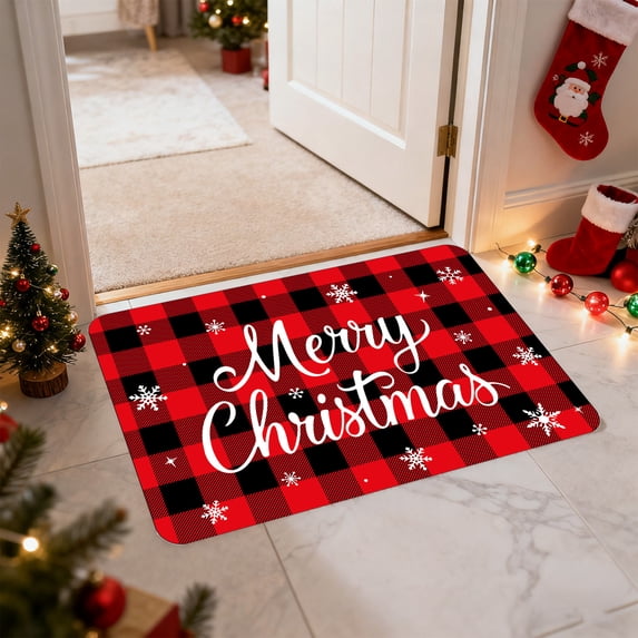 Hxlamzoo Festive Merry Christmas Doormat - Red Xmas Tree All-Weather Floor Mat for Outdoor Entryway, Durable Holiday Rug for Kitchen, Bedroom & Bathroom Decor