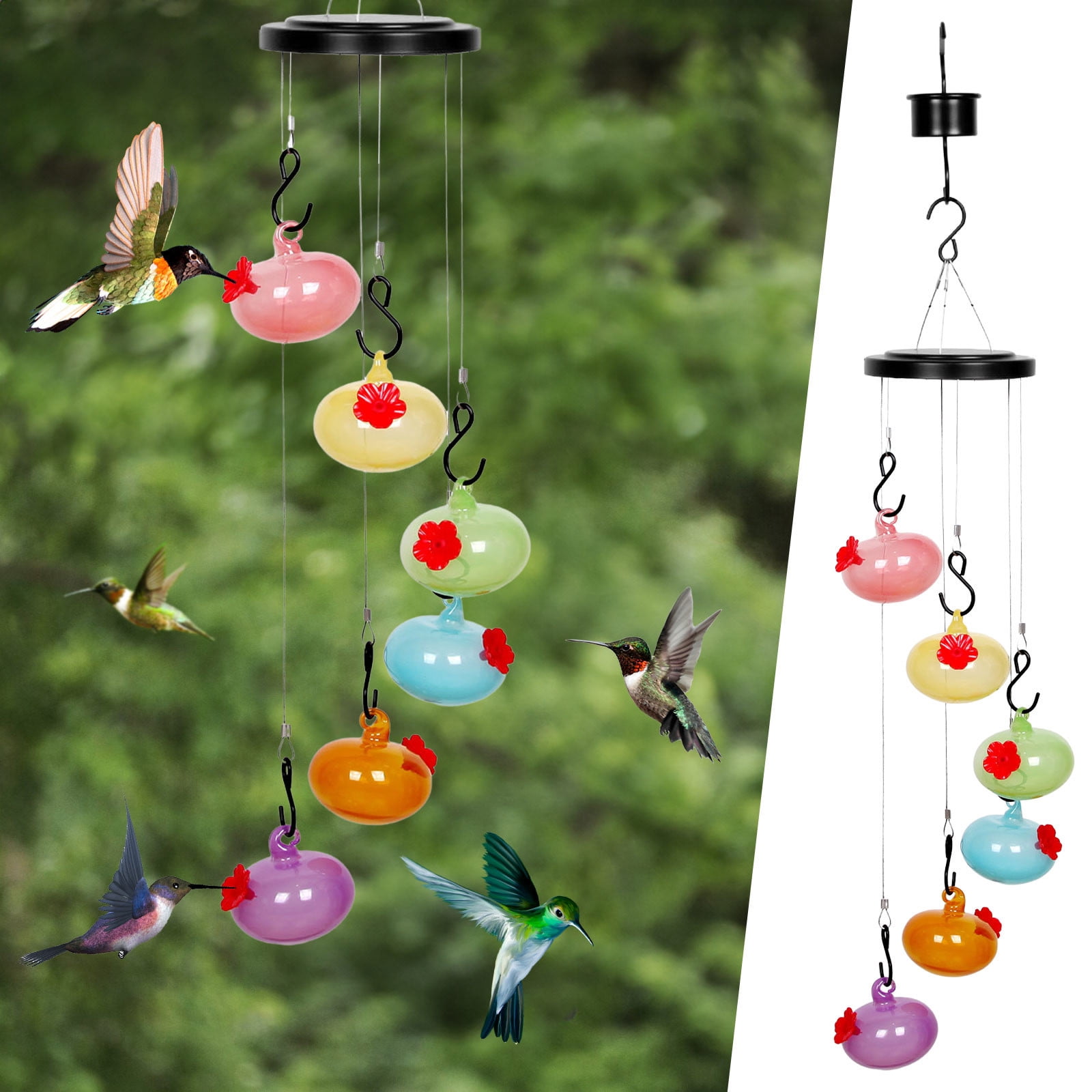 Hxlamzoo Glass Wind Chimes Hummingbirds Feeders with Multiple Feeding Spots Hanging Colorful Outdoor Decor for Garden Yard Patio Bird Attraction
