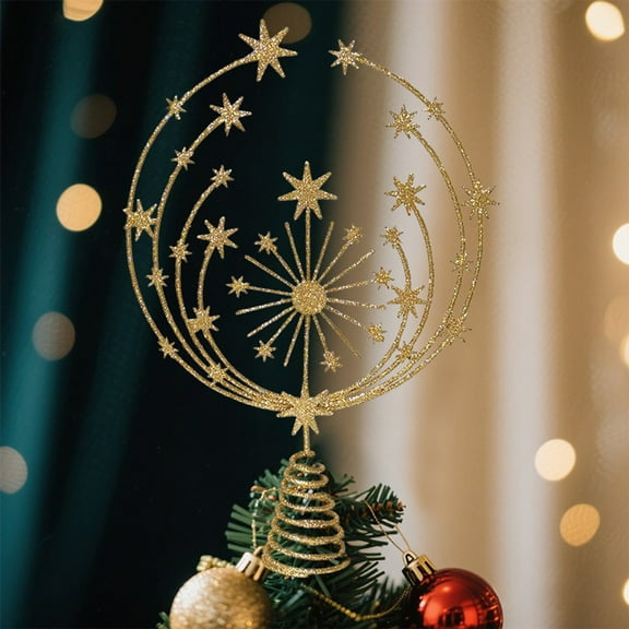 Hxlamzoo Golden Christmas Tree Topper Star Snowflake Shape 12.99 Inch, Iron Material Gold Shiny Decoration with Spring Base for Easy Installation, Holiday Party Home Decor Xmas Tree Top Star