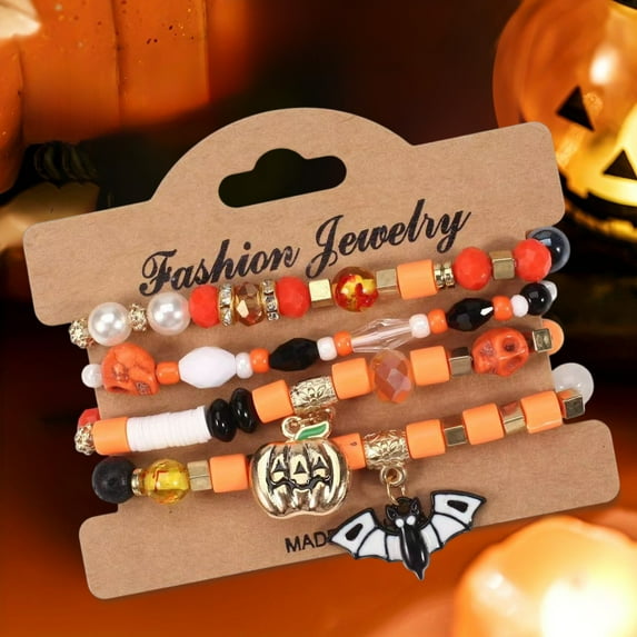 Hxlamzoo Halloween Bracelet Set - Gothic Layered Bat Pumpkin Spider Web Jewelry, Metal Beaded Stretch Bracelets for Women, Spooky Party Accessories & Festive Gifts (45g Lightweight)
