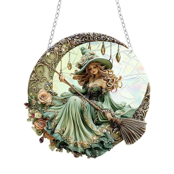 Hxlamzoo Halloween Glittering Crescent Moon Witch Light Catcher - Acrylic Hanging Decor for Spooky Home, Party & Window Display - Witch-Themed Ornament with Reflective Glitter Film 2025