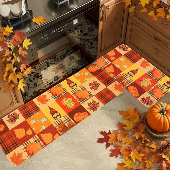 Hxlamzoo Halloween Thanksgiving Fall Floor Mat 2-Piece Set, Non-Slip Kitchen Bathroom Rug with Pumpkin Maple Leaf Design for Home Entrance Porch Decor