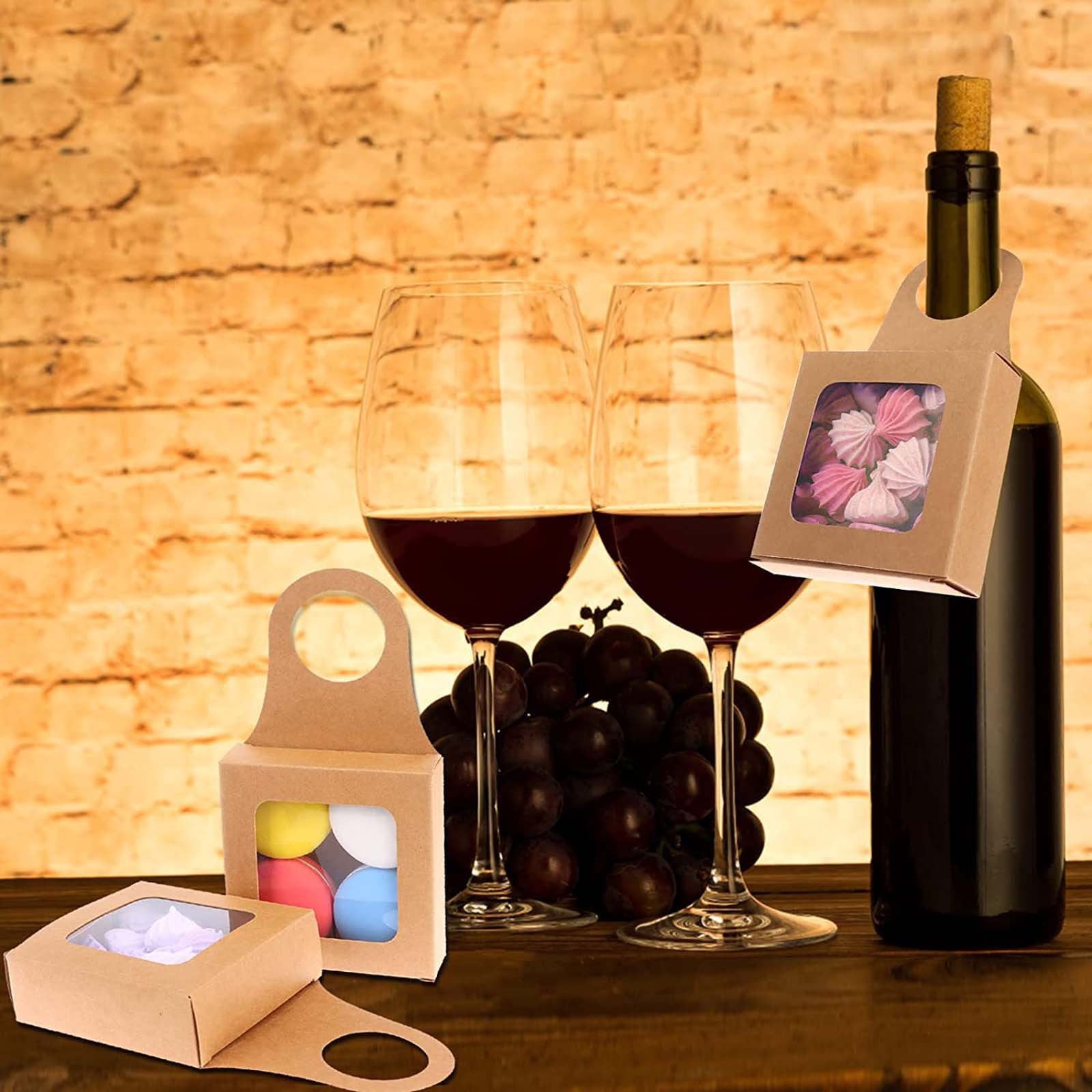 Hxlamzoo Kraft Paper Wine Bottle Box with Window, Hanging Foldable Gift