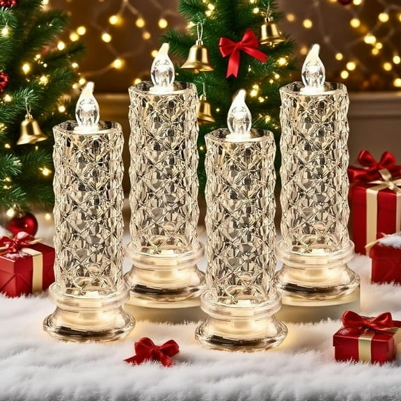 Hxlamzoo LED Crystal Candle Lights Set of 4, Romantic Flameless Battery-Operated for Christmas Decor