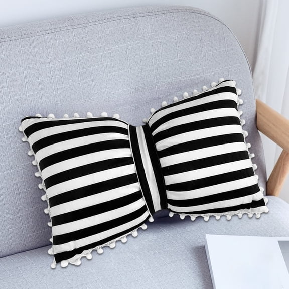 Hxlamzoo Lovely Stripped Velvet Bow Tie Pillow with Core Sofa Decorative Waist Cushion Bedding Plush Throw Pillow Soft Plush Cushions