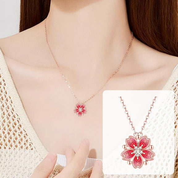 Hxlamzoo Luxury Rotating Peach Blossom Necklace for Women, Two-in-One Transformable Collarbone Chain with Rose Gold Finish, Romantic Flower Jewelry Gift for Holiday Birthday