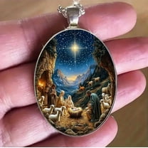 Hxlamzoo Nativity Pendant with Night Nativity Scene Artwork Featuring Holy Family, Manger and Guiding Star, Christmas Religious Jewelry for Holiday Gift and Devotion