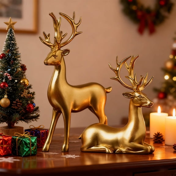 Hxlamzoo Pair Deer Figurines Lustrous Finish Elegant Design Symbolizes Career Advancement Home Living Room TV Cabinet Decor Housewarming Gift