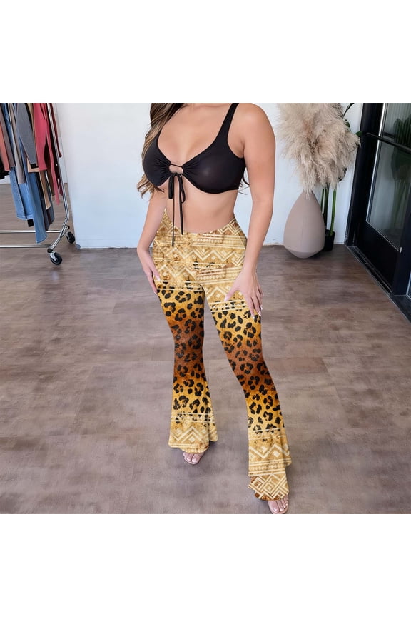 Pants for Women - High-Waisted Shaping Bell Bottom Pants for Casual Wear - Vintage Modern Print with Hip-Hugging Design