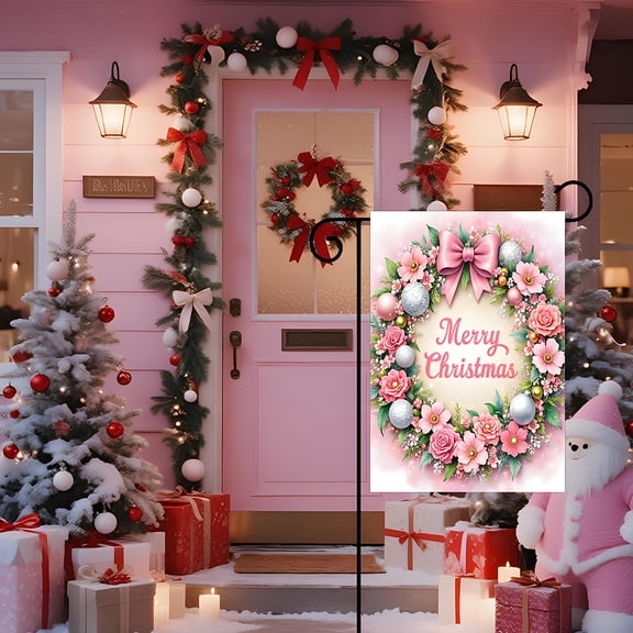 Hxlamzoo Pink Snowman Reindeer Double Sided Polyester Garden Flag for Outdoor Holiday Decorations, Christmas Yard Decoration, Xmas Festive Home Party Supplies