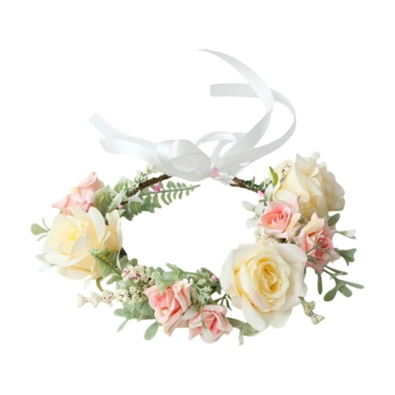 Hxlamzoo Rose Flower Crown Boho Flower Headband Hair Wreath Floral Headpiece Halo with Ribbon Wedding Party Festival Photos