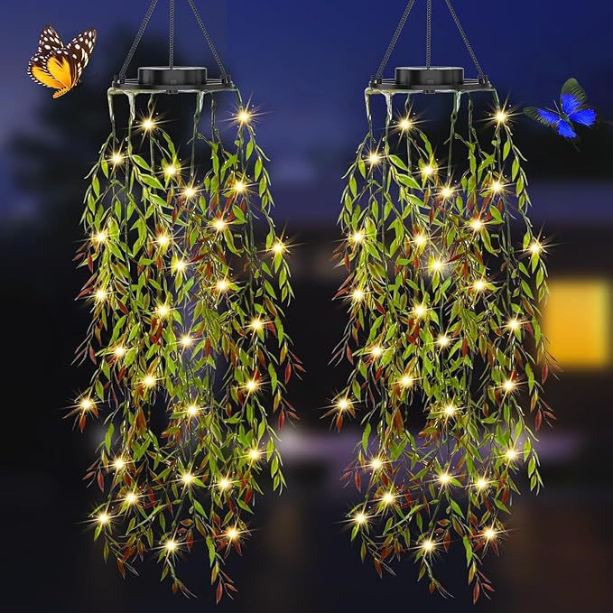 Hxlamzoo Solar Powered Hanging Artificial Plant LED Lights, Waterproof Outdoor with Faux Willow Leaves for Patio Garden Porch Balcony Decoration