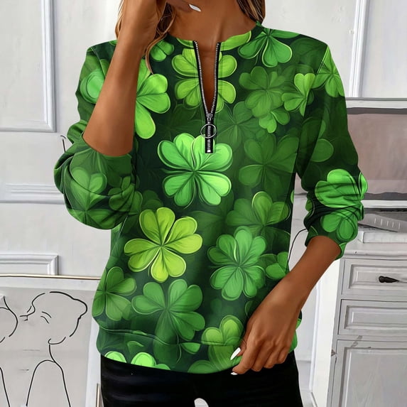 Hxlamzoo St. Patrick's Day Cat Sweatshirt for Women - Irish Shamrock Rainbow Print Zip-Up Long Sleeve Pullover