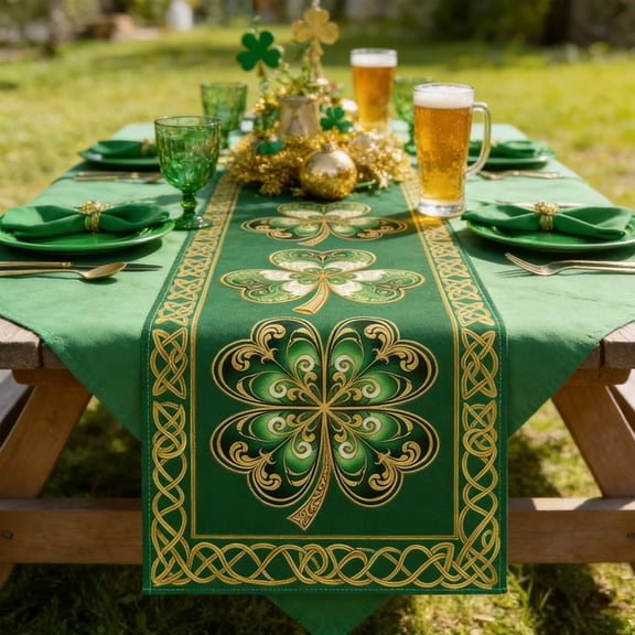 Hxlamzoo St. Patrick's Day Table Runner Green White Polyester Linen Kitchen Dining Table Decoration for Home Party Holiday Festive Decor