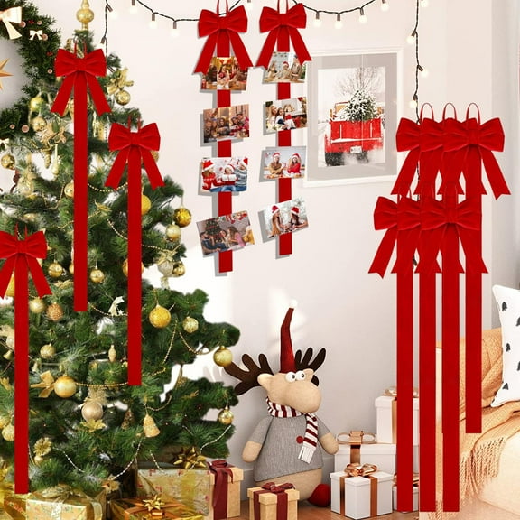 Hxlamzoo Velvet Christmas Bows Decorations - Classic Red 3D Festive Holiday Home Decor with Long Ribbon for Multi-Scene Use, Christmas Tree Ornaments & Photo Display Tape, Easy to Hang