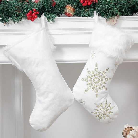 Hxlamzoo White Snowflake Embroidery Christmas Stocking Soft Flannel Holiday Sock for Festive Decor, Fireplace and Christmas Tree Decoration, Home Party Supplies