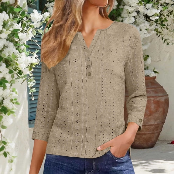 Hxlamzoo Women's 3/4 Length Sleeve Blouses V-Neck Solid Jacquard Button Elegant Tops