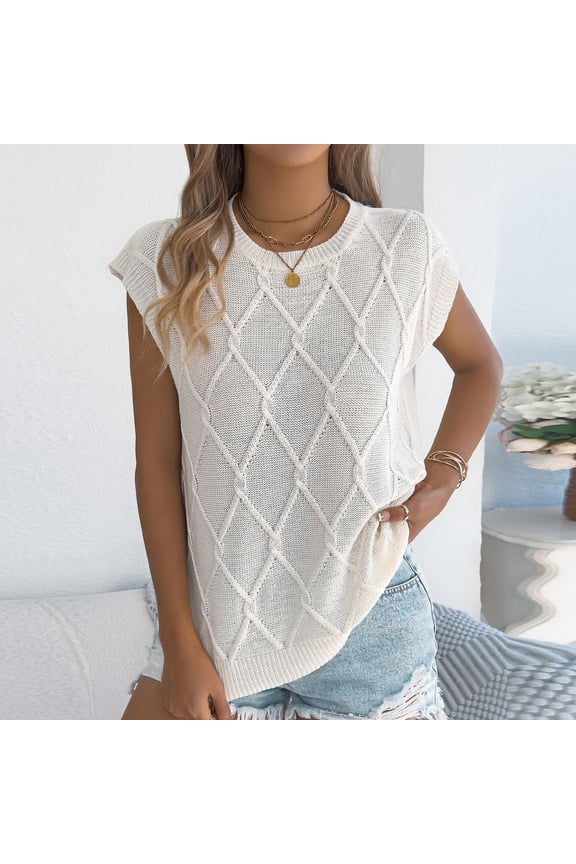 Women's Cable Knit Sleeveless Blouse Round Neck Loose Fit Casual Summer Knitted Tops