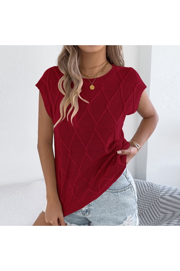 Women's Cable Knit Sleeveless Blouse Round Neck Loose Fit Casual Summer Knitted Tops