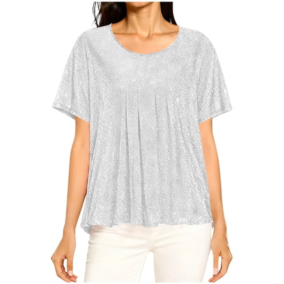 Hxlamzoo Women's Casual Blouse Sparkle Oversized Short Sleeve Round Neck Sheer Shirt with Asymmetrical Hem S-2XL