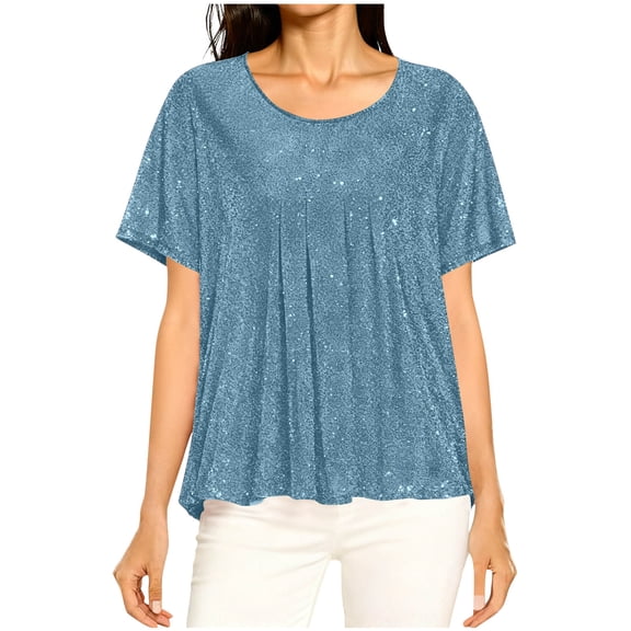 Hxlamzoo Women's Casual Blouse Sparkle Oversized Short Sleeve Round Neck Sheer Shirt with Asymmetrical Hem S-2XL