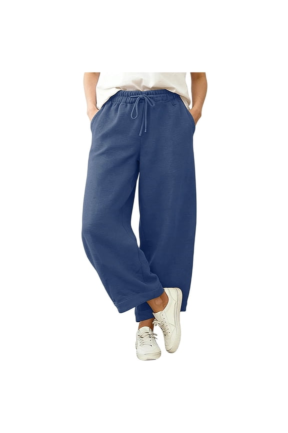 Women's Casual Drawstring Pants Loose Fit Wide Leg Angled Hem Sweatpants with Pockets