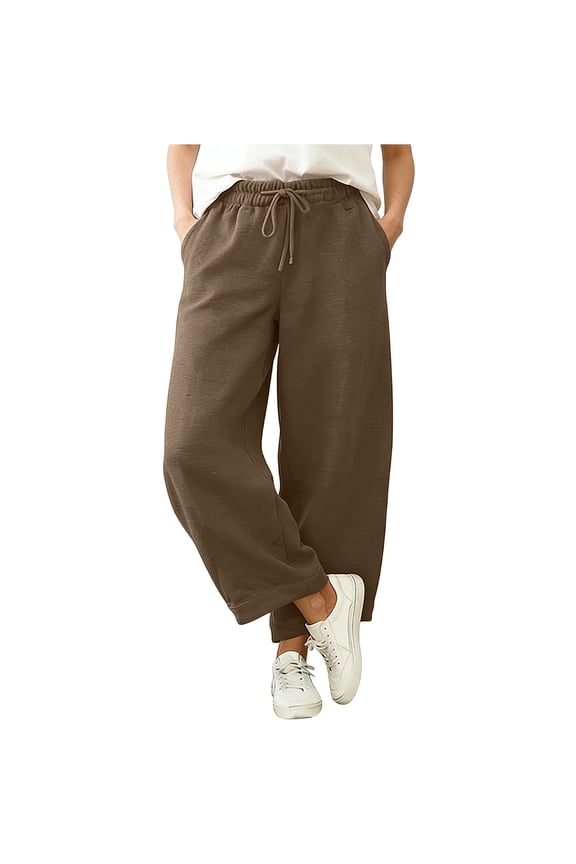 Women's Casual Drawstring Pants Loose Fit Wide Leg Angled Hem Sweatpants with Pockets