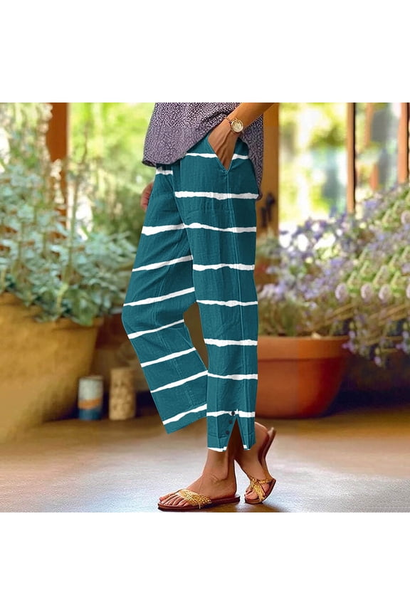 Women's Casual Elastic Waist Pants Striped Print Linen-Look Straight Leg Button Detail Slit Trousers with Pockets