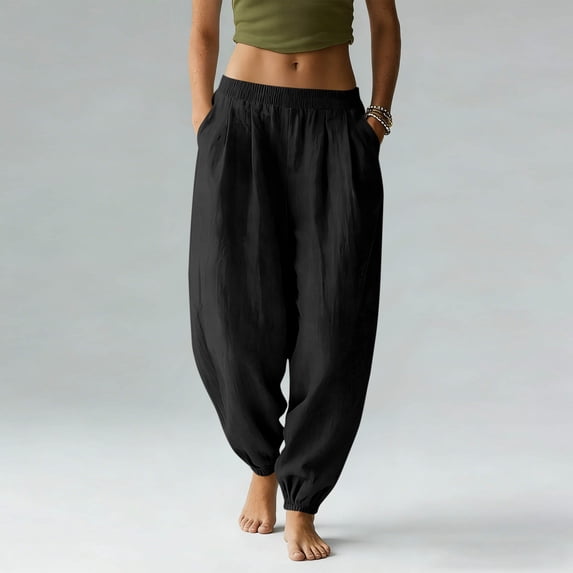 Hxlamzoo Women's Casual High Waisted Pants Solid Pleated Stretch Tapered Ankle Linen Cotton Pants with Pockets