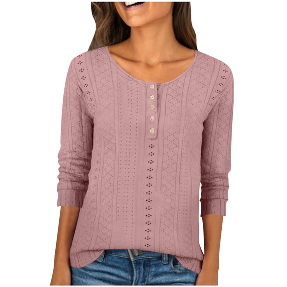 Hxlamzoo Women's Casual Solid Blouse Round Neck Button-Accent Eyelet Knit Loose Shirts 3/4 Sleeve Pullover Top