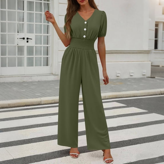 Hxlamzoo Women's Casual Solid Color Jumpsuit Short Sleeve Button Front V-Neck Gathered Waist Wide Leg Long Jumpsuit