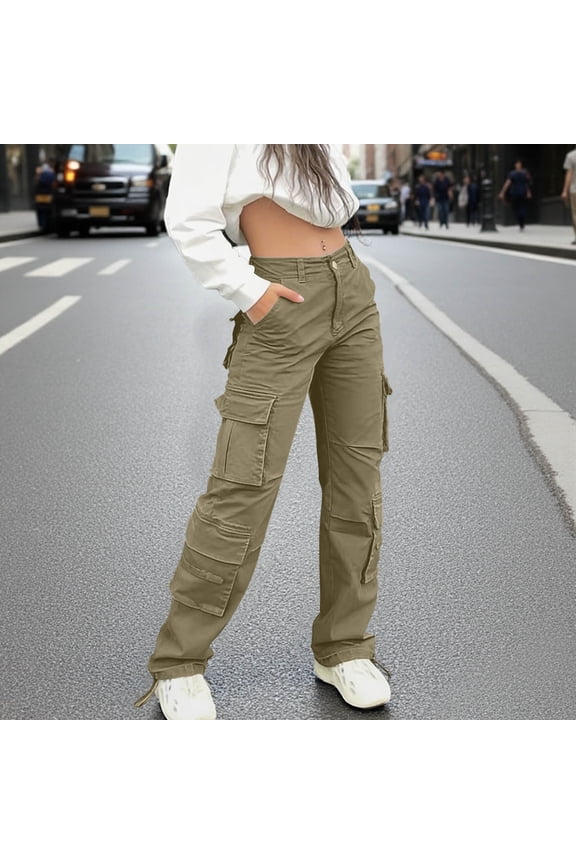 Women's Casual Straight Leg Cargo Pants Solid Color Button Closure Elastic Waist 8 Pockets Cuffed Leg Pants