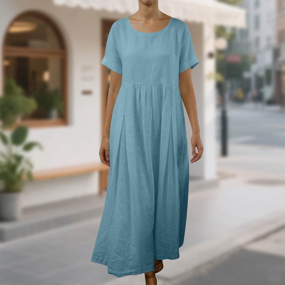 Hxlamzoo Women's Dress | Solid Color Round Neck Short Sleeve Linen-like Long Dress | Casual Comfortable Breathable Daily Wear