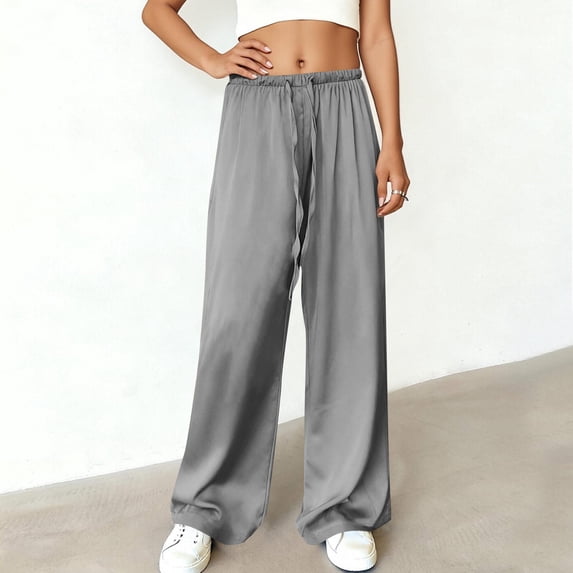 Hxlamzoo Women's Elastic Waist Casual Pants Solid Color Satin Wide Leg Loose Fit Trousers