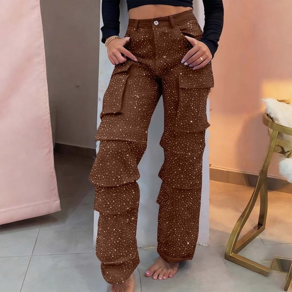 Hxlamzoo Women's Fashion High Waisted Jeans Rhinestone Embellished with Pockets Denim Pants