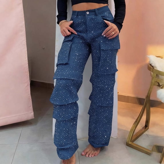 Hxlamzoo Women's Fashion High Waisted Jeans Rhinestone Embellished with Pockets Denim Pants