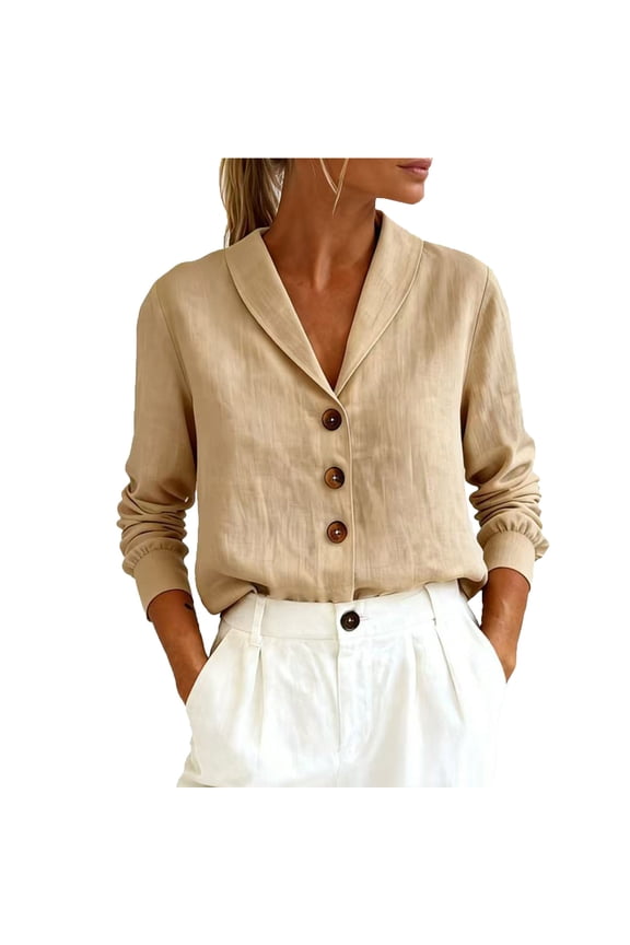 Women's Long Sleeve Blouses with Peter Pan Collar, Button, Cotton Linen, Professional Business Shirts